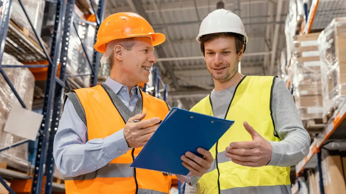 Two professionals in safety gear discussing logistics with a clipboard inside a warehouse – Supply Chain Management Course in Qatar