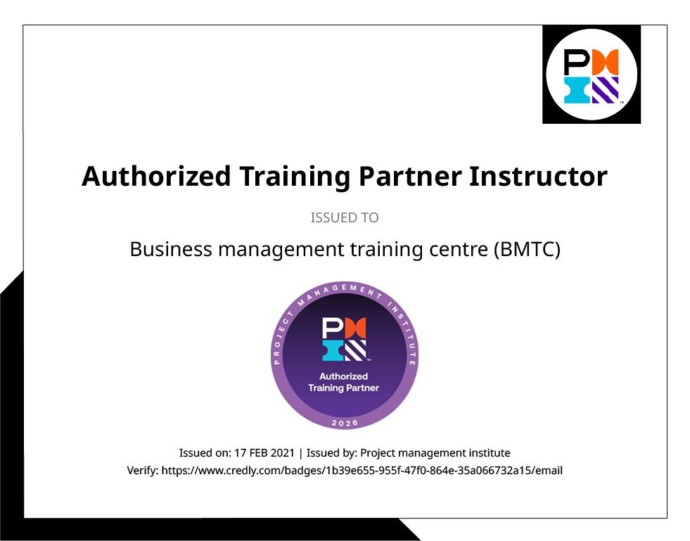 Certificate showing PMI Authorized Training Partner Instructor accreditation issued to BMTC, related to Project Management Professional Course in Qatar